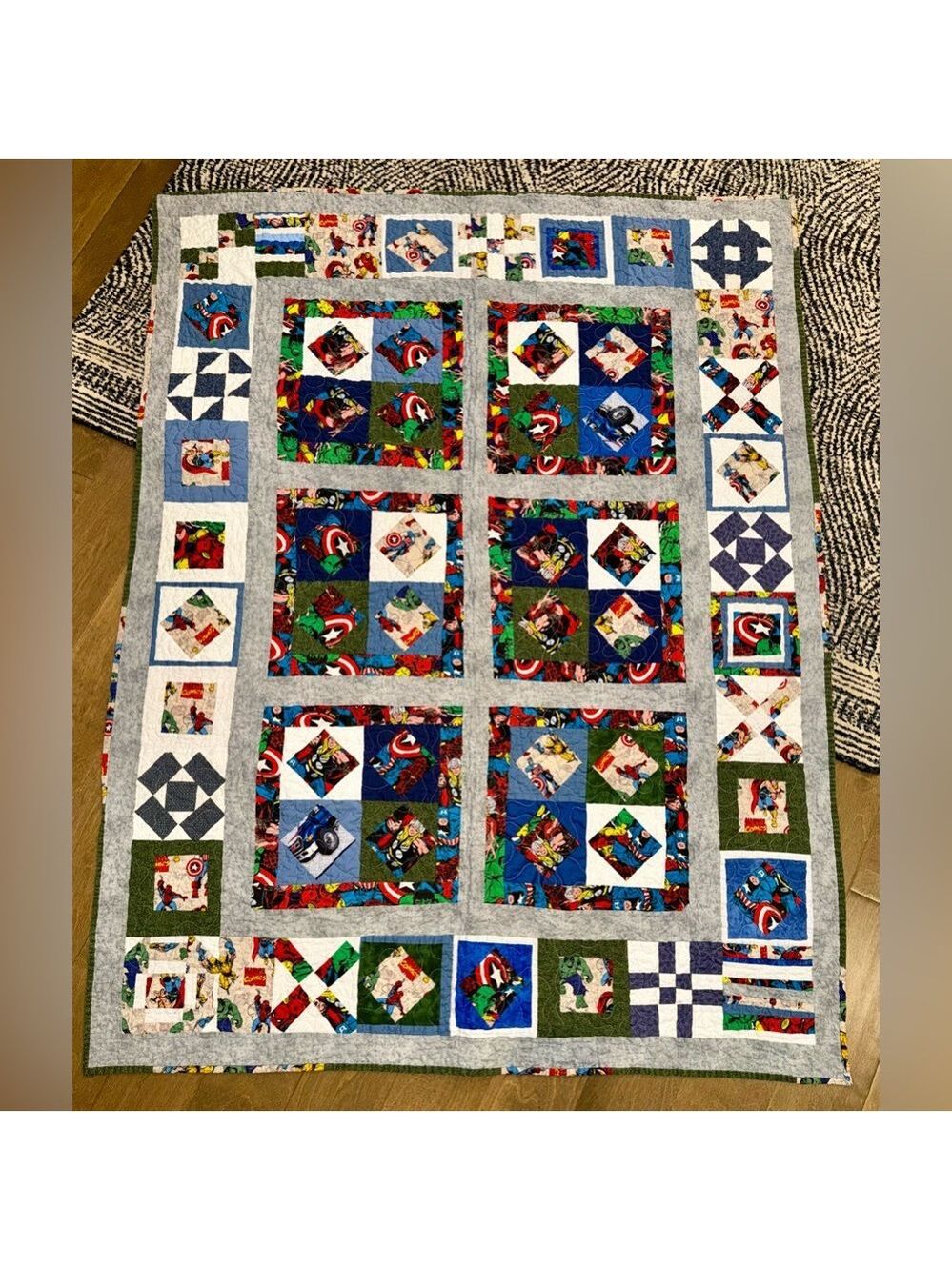 Handmade Marvel quilted blanket - approx. 45” x 58” - Spider-Man, Hulk, & pals